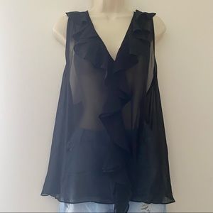 BLACK SHEER RUFFLE SPLIT BACK TOP